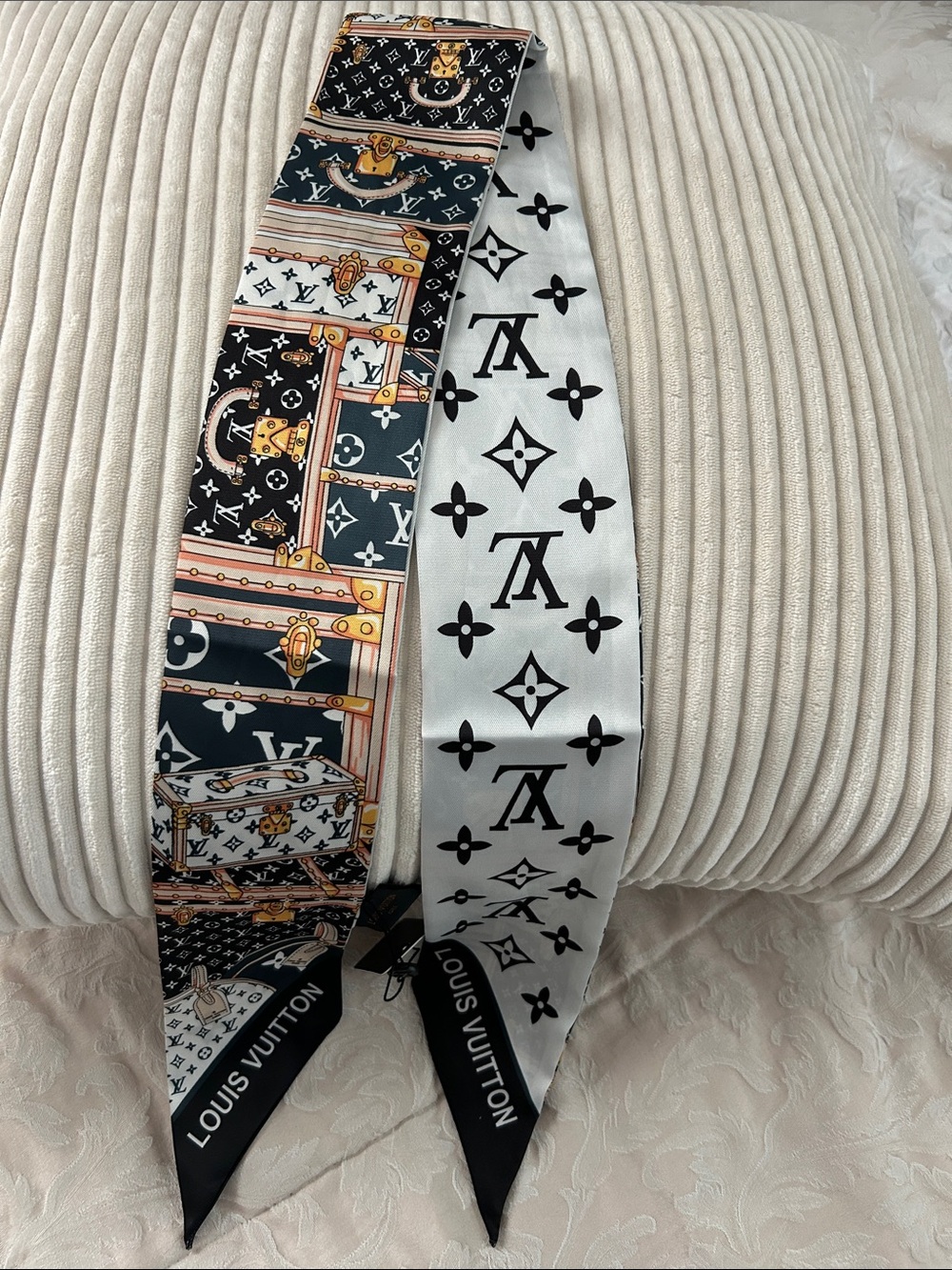 Black, White & Gold Monogram Silk Double Sided Twilly or Scarf.